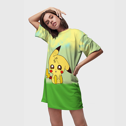 Женская длинная футболка Пикачу на травке / 3D-принт – фото 3