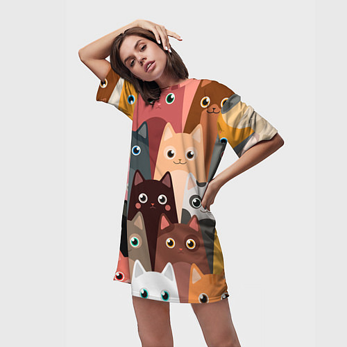 Женская длинная футболка Котики мультяшные / 3D-принт – фото 3