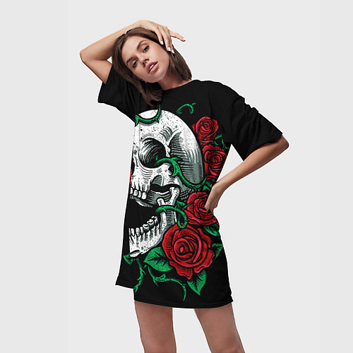 Женская длинная футболка Череп и Розы / 3D-принт – фото 3