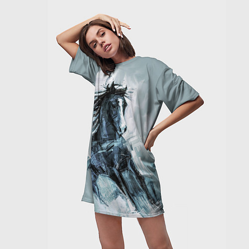 Женская длинная футболка Нарисованный конь / 3D-принт – фото 3