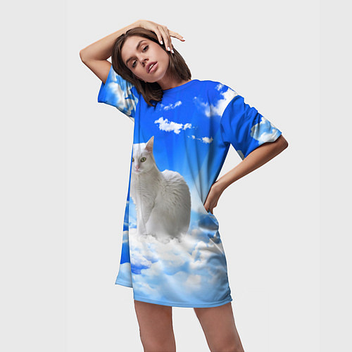 Женская длинная футболка Кот в облаках / 3D-принт – фото 3