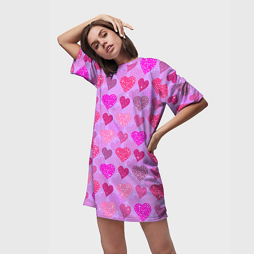 Женская длинная футболка Розовые сердечки / 3D-принт – фото 3