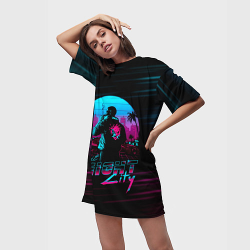 Женская длинная футболка Cyberpunk 2077 NIGHT CITY / 3D-принт – фото 3
