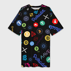 Футболка женская длинная BITCOIN PATTERN БИТКОИН Z, цвет: 3D-принт