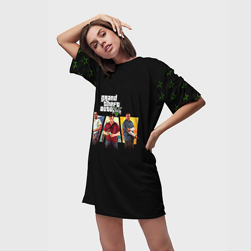 Женская длинная футболка Grand Theft Auto V персонажи / 3D-принт – фото 3