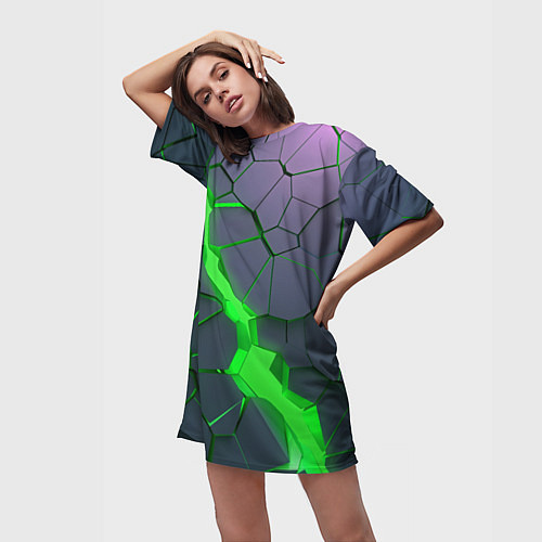 Женская длинная футболка ЗЕЛЕНЫЙ РАЗЛОМ 3Д РАЗЛОМ / 3D-принт – фото 3