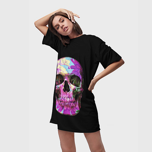 Женская длинная футболка Черепа и цветы / 3D-принт – фото 3