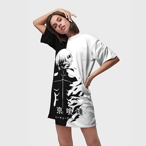 Женская длинная футболка Токийский гуль черно белый Кен / 3D-принт – фото 3