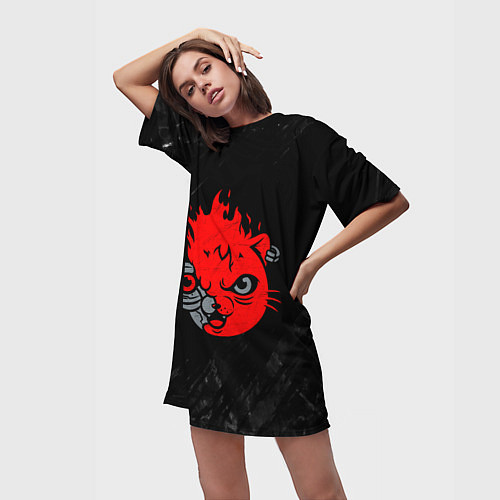 Женская длинная футболка CYBERPUNK 2077 КОТ КИАНУ РИВЗ / 3D-принт – фото 3