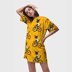 Футболка женская длинная Котики на велосипедах, цвет: 3D-принт — фото 2