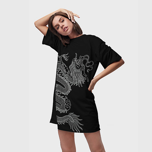 Женская длинная футболка ЧБ Дракон / 3D-принт – фото 3