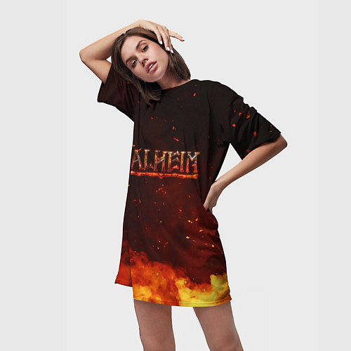 Женская длинная футболка Valheim огненный лого / 3D-принт – фото 3