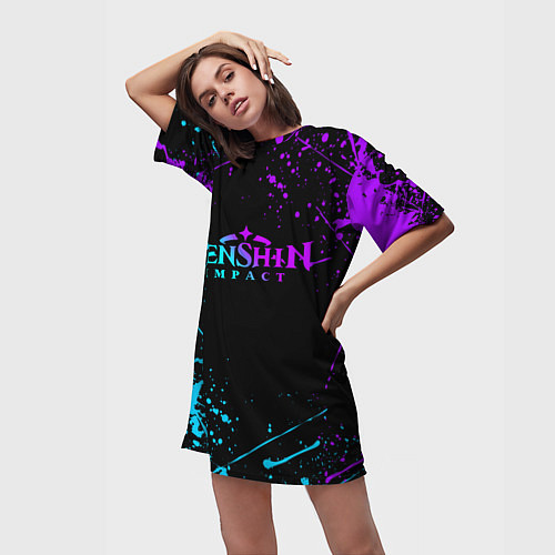 Женская длинная футболка GENSHIN IMPACT NEON LOGO / 3D-принт – фото 3