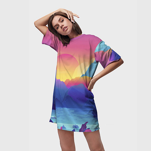 Женская длинная футболка Красочные Горы / 3D-принт – фото 3