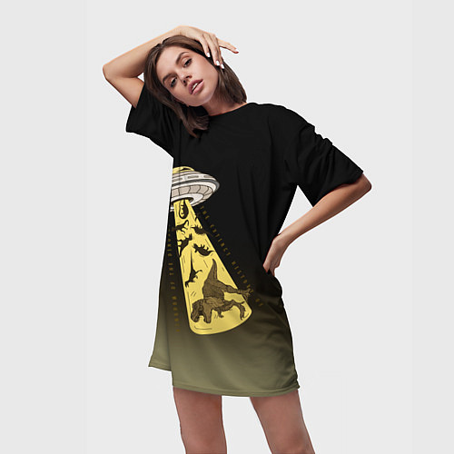 Женская длинная футболка НЛО похищает динозавров / 3D-принт – фото 3