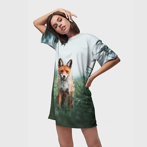 Женская длинная футболка Лисица в зелени / 3D-принт – фото 3