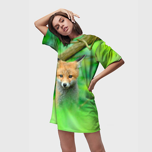 Женская длинная футболка Лисенок в зеленом лесу / 3D-принт – фото 3