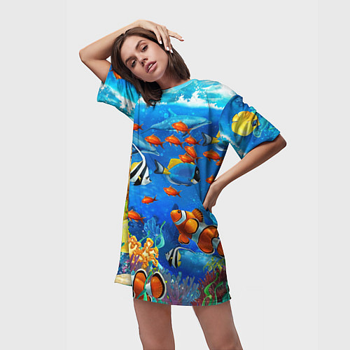Женская длинная футболка Коралловые рыбки / 3D-принт – фото 3