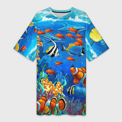 Футболка женская длинная Коралловые рыбки, цвет: 3D-принт