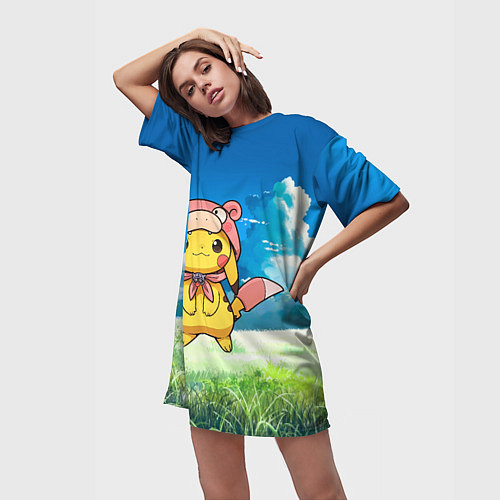 Женская длинная футболка Пикачу на природе / 3D-принт – фото 3