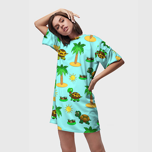 Женская длинная футболка Черепашки и пальмы / 3D-принт – фото 3