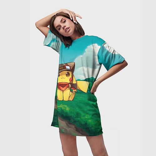 Женская длинная футболка Пикачу летчик / 3D-принт – фото 3