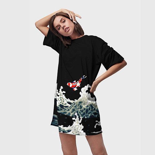 Женская длинная футболка Карп Кои Волна Япония Рыба / 3D-принт – фото 3