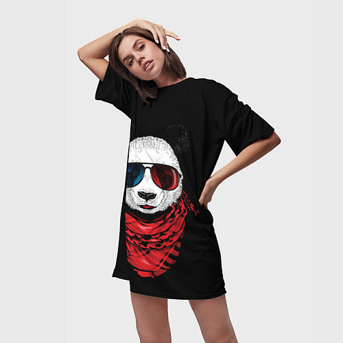 Женская длинная футболка Панда Хипстер в Очках / 3D-принт – фото 3