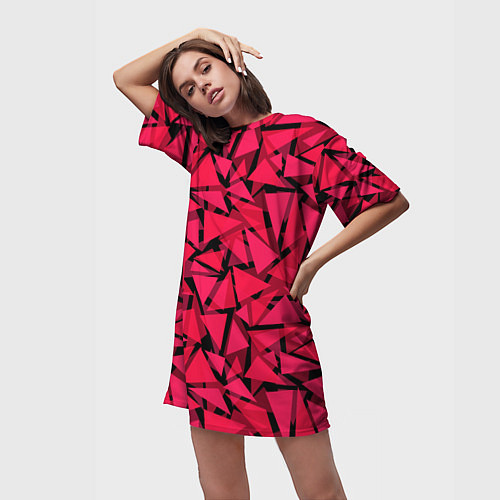 Женская длинная футболка Красно-черный полигональный / 3D-принт – фото 3