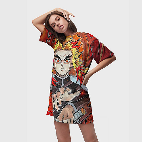 Женская длинная футболка Ренгоку Клинок демонов / 3D-принт – фото 3