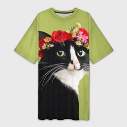 Женская длинная футболка Кот и цветы