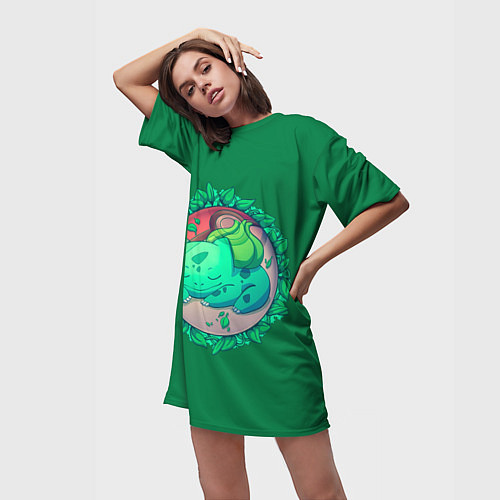Женская длинная футболка Спящий Бульбазавр / 3D-принт – фото 3