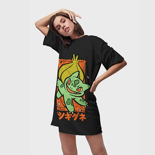 Женская длинная футболка Хитрый Бульбазавр / 3D-принт – фото 3
