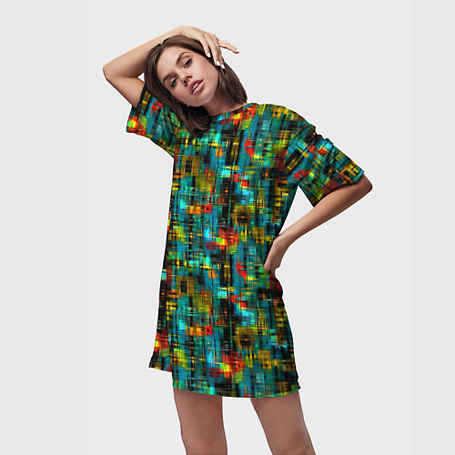 Женская длинная футболка Разноцветные штрихи на бирюзе / 3D-принт – фото 3
