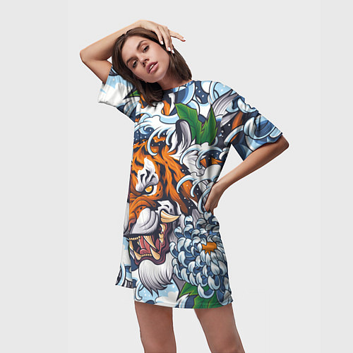 Женская длинная футболка Тигр / 3D-принт – фото 3