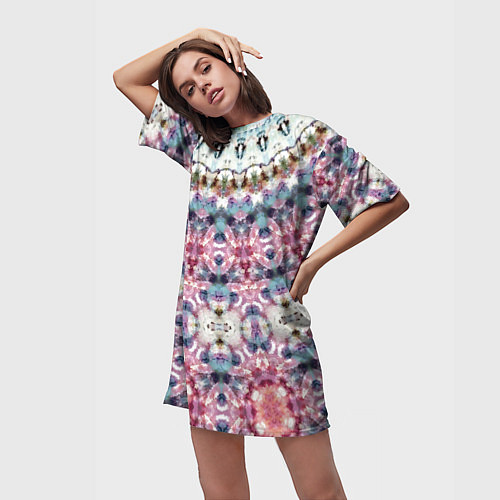 Женская длинная футболка Бирюзово-розовый калейдоскоп мандала / 3D-принт – фото 3
