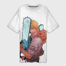 Футболка женская длинная Дэндзи, Почита и бензопила, цвет: 3D-принт