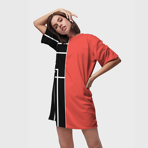 Женская длинная футболка Черный и коралловый арт деко / 3D-принт – фото 3