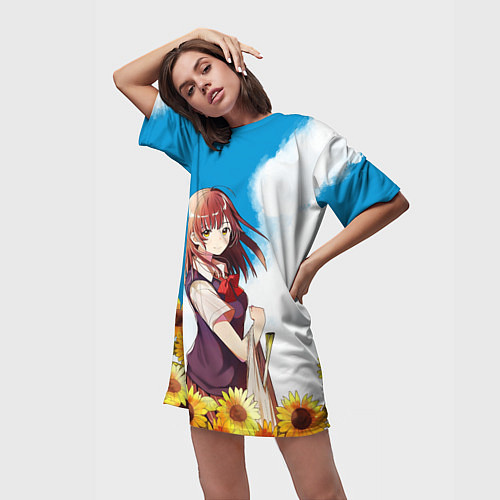 Женская длинная футболка Саю и Подсолнухи / 3D-принт – фото 3
