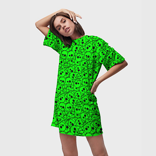 Женская длинная футболка Черепа на кислотно-зеленом фоне / 3D-принт – фото 3