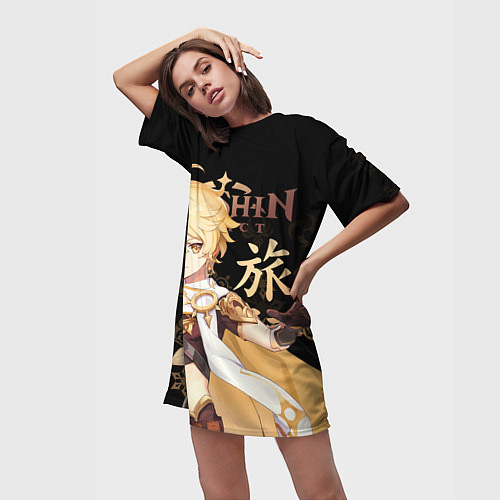 Женская длинная футболка Путешественник Genshin Impact / 3D-принт – фото 3
