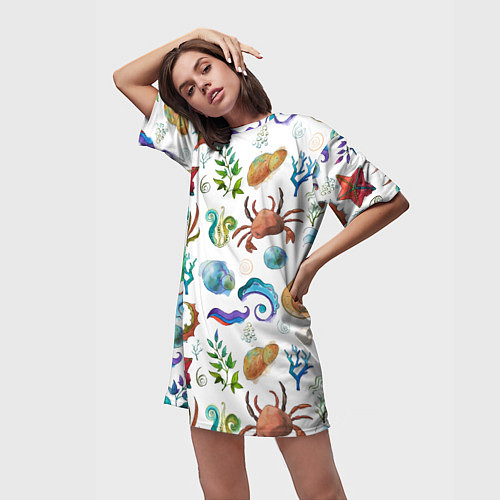 Женская длинная футболка Морской паттерн с крабами и водорослями / 3D-принт – фото 3