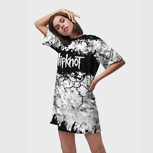 Женская длинная футболка Надпись Слипкнот Рок Группа ЧБ Slipknot / 3D-принт – фото 3