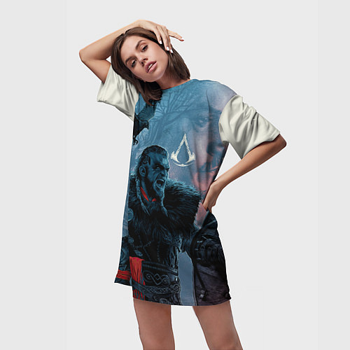 Женская длинная футболка ASSASSINS CREED VALHALLA ЭЙВОР И ВОРОН / 3D-принт – фото 3