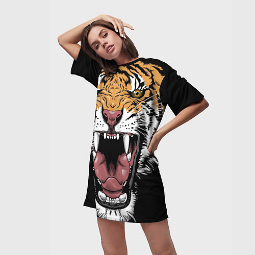 Женская длинная футболка Оскал амурского тигра / 3D-принт – фото 3