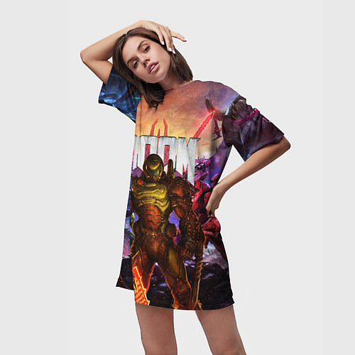 Женская длинная футболка DOOM ETERNAL ДУМ БИТВА В АДУ / 3D-принт – фото 3