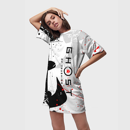 Женская длинная футболка GHOST OF TSUSHIMA ПРИЗРАК ЦУСИМЫ БЕЛЫЙ / 3D-принт – фото 3