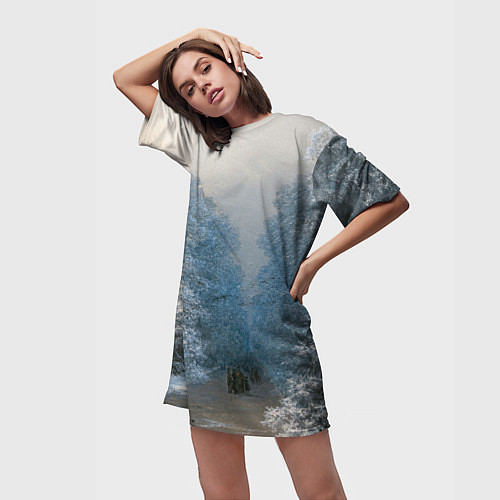 Женская длинная футболка Зимний пейзаж картина маслом / 3D-принт – фото 3