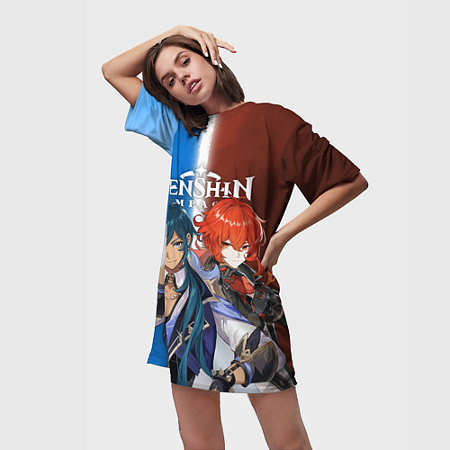 Женская длинная футболка КЭЙА И ДИЛЮК ГЕНШИН / 3D-принт – фото 3