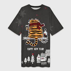 Футболка женская длинная Одинокий тигр пьет винишко, цвет: 3D-принт